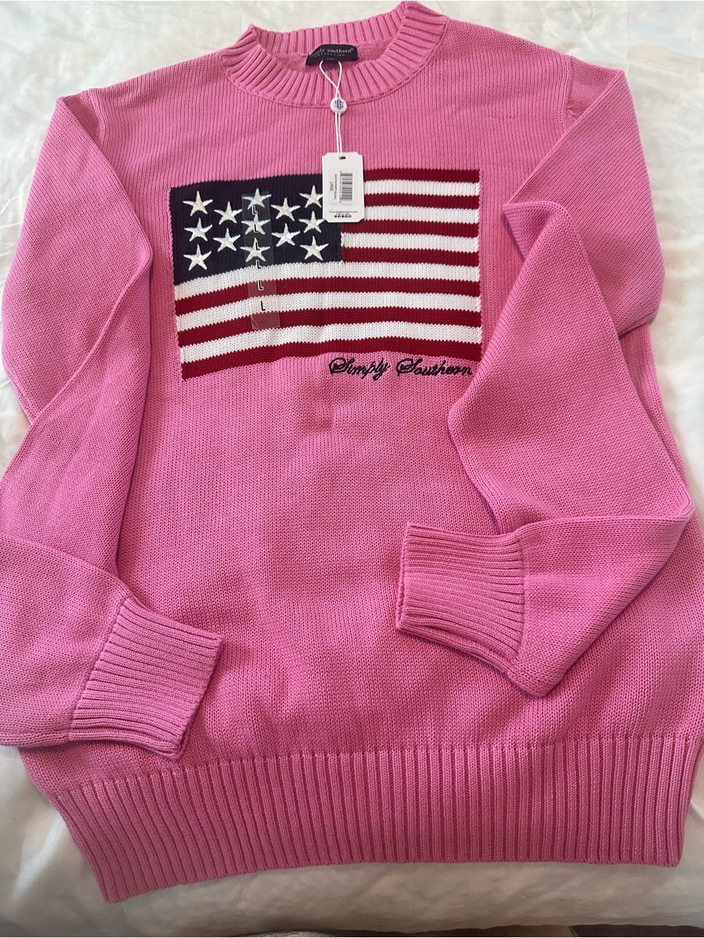 Simply Southern Hot Pink Crewneck Sweater with American Flag Knit